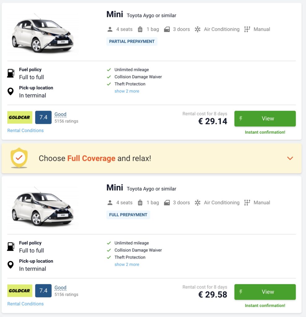 car prices in Tenerife South airport