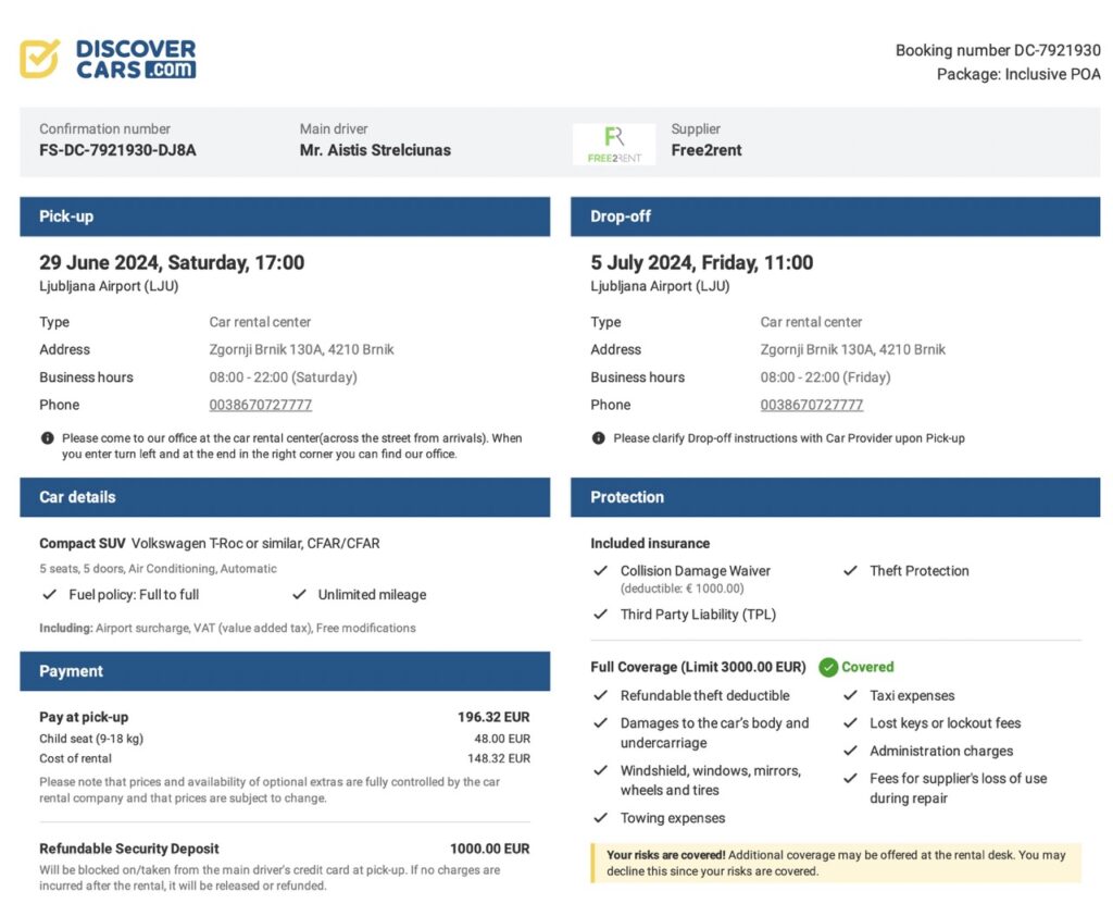 Full voucher Slovenia car rental with Discover Cars - Free2Rent car rental company