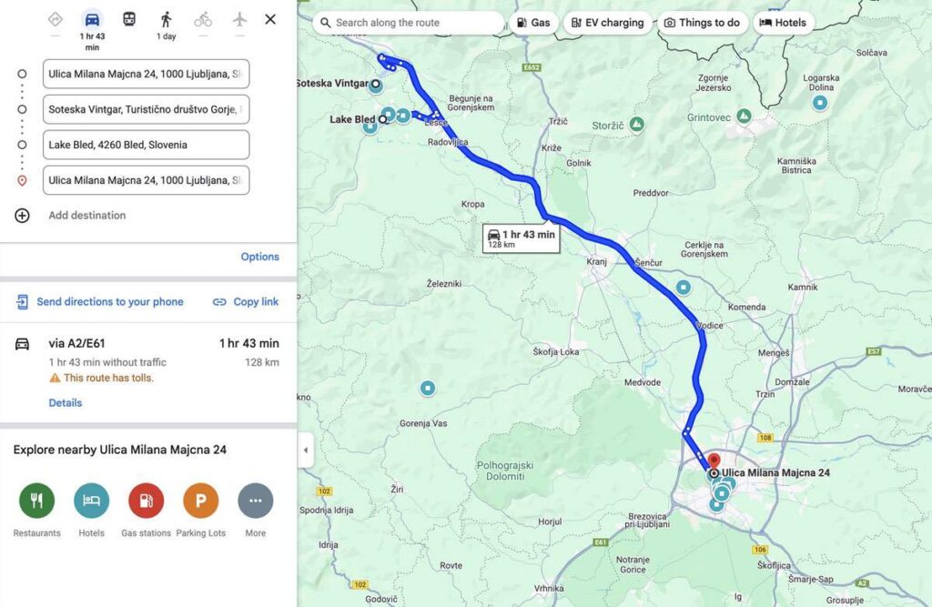 Google Maps Route - Vintgar Gorge and Lake Bled