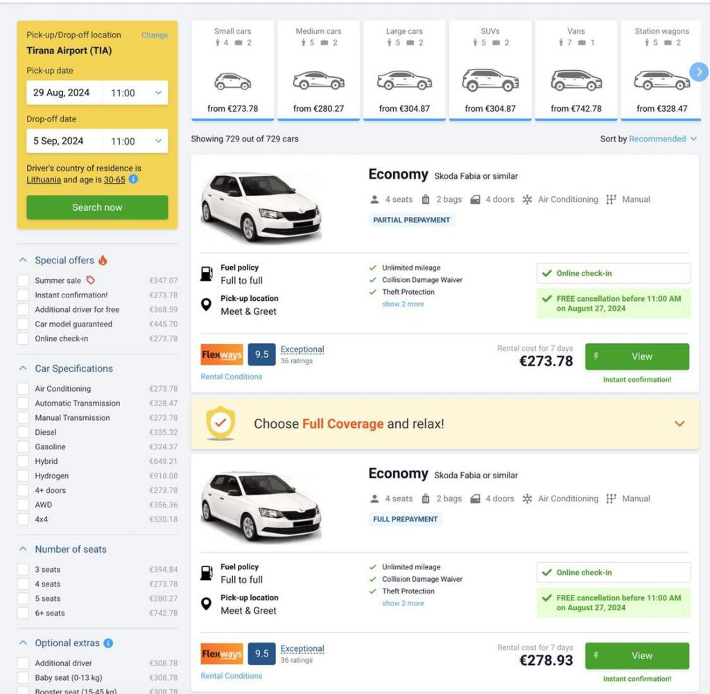 comparing car prices for Albania car hire