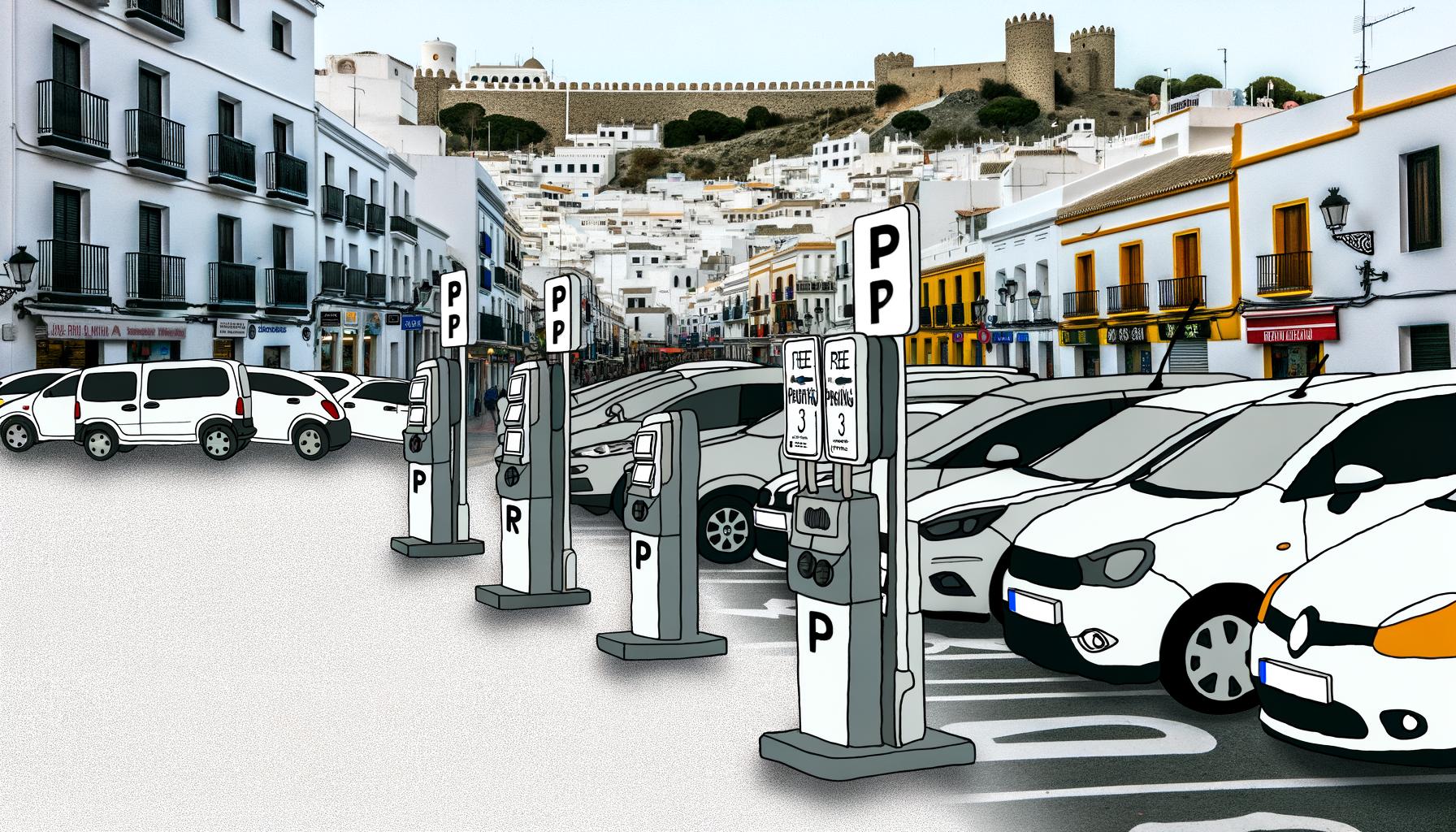 Parking meters among parked cars in Ceuta.