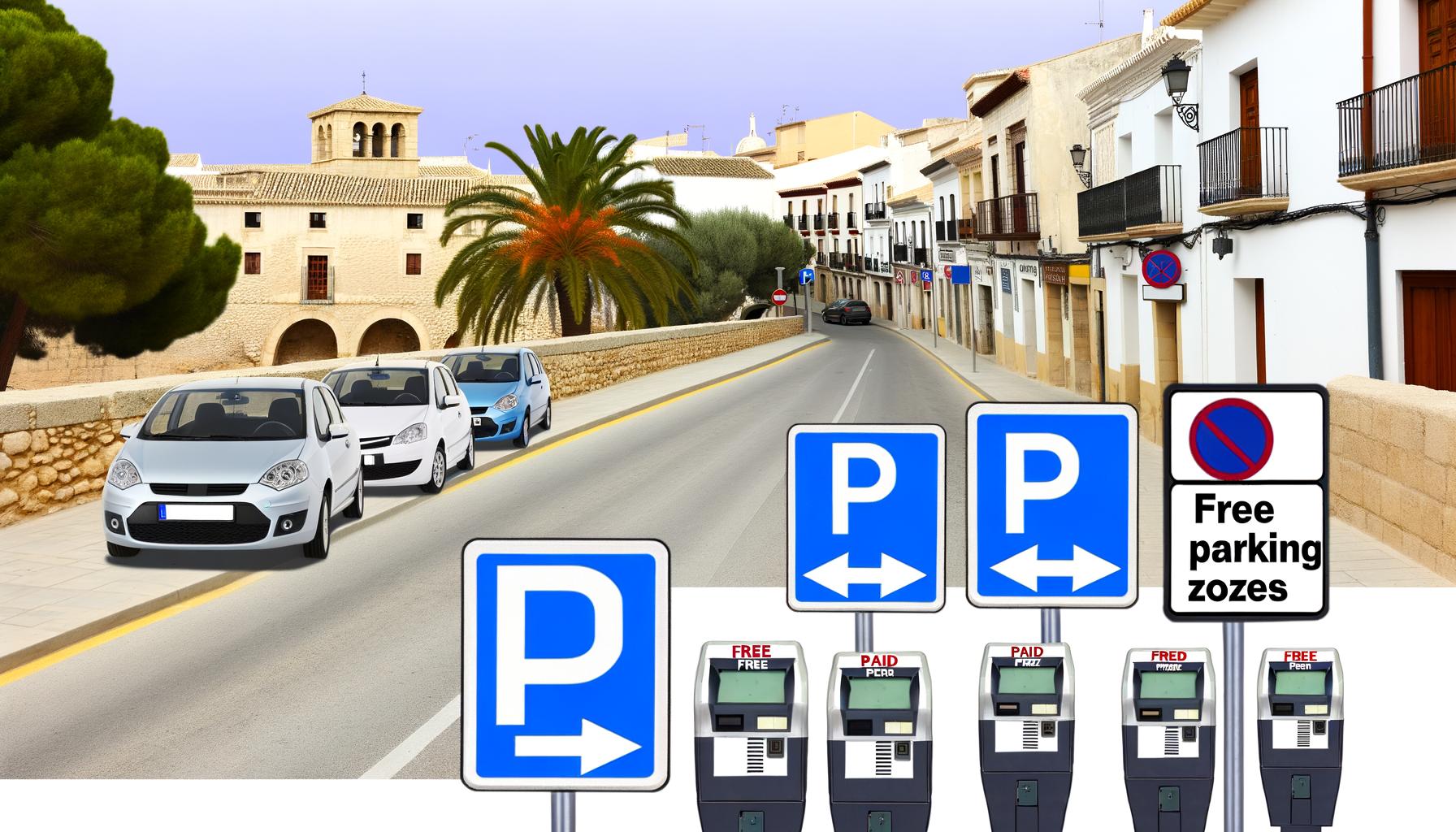 Parking signs and meters in Elche, Spain.