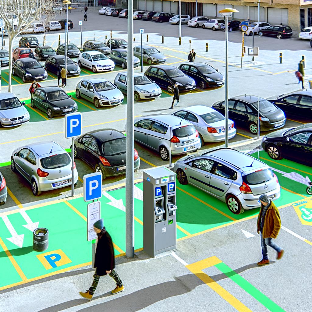 Parking lot in Hospitalet de Llobregat, cars and payment machine.