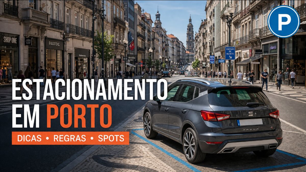 Estacionamento em Porto – vista da Rua Santa Catarina com carro de aluguer