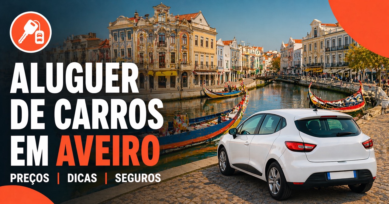Aluguer de carros em Aveiro — moliceiros coloridos no canal, fachadas azulejos e carro branco