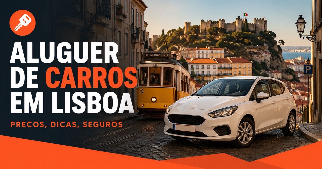 Aluguer de carros em Lisboa - eletrico amarelo 28 a subir uma rua de paralelos com castelo de Sao Jorge ao fundo, carro branco de aluguer e icone laranja de chave