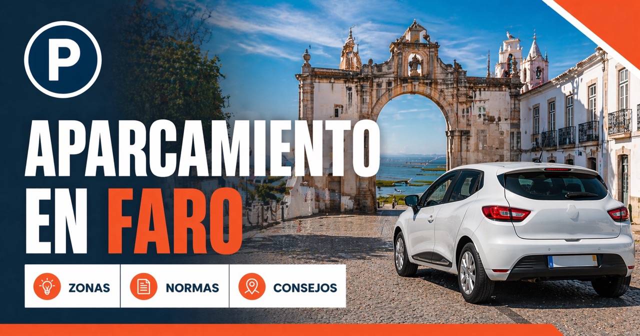 Aparcamiento en Faro — Arco da Vila y casco antiguo adoquinado con coche blanco y señal P azul