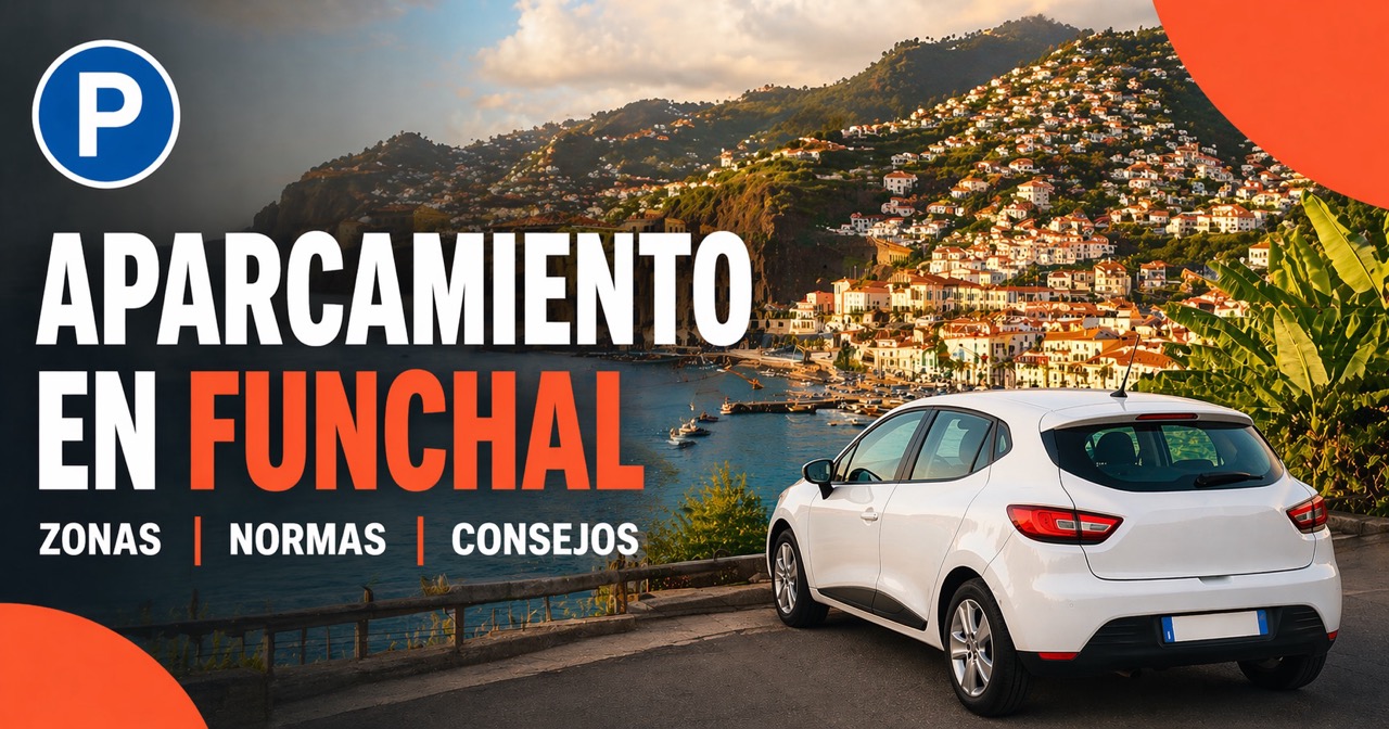Aparcamiento en Funchal — puerto con casas pastel sobre colinas verdes y coche blanco de alquiler