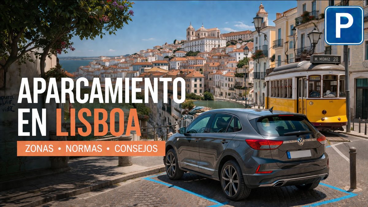 Aparcamiento en Lisboa – vista de la ciudad con coche de alquiler