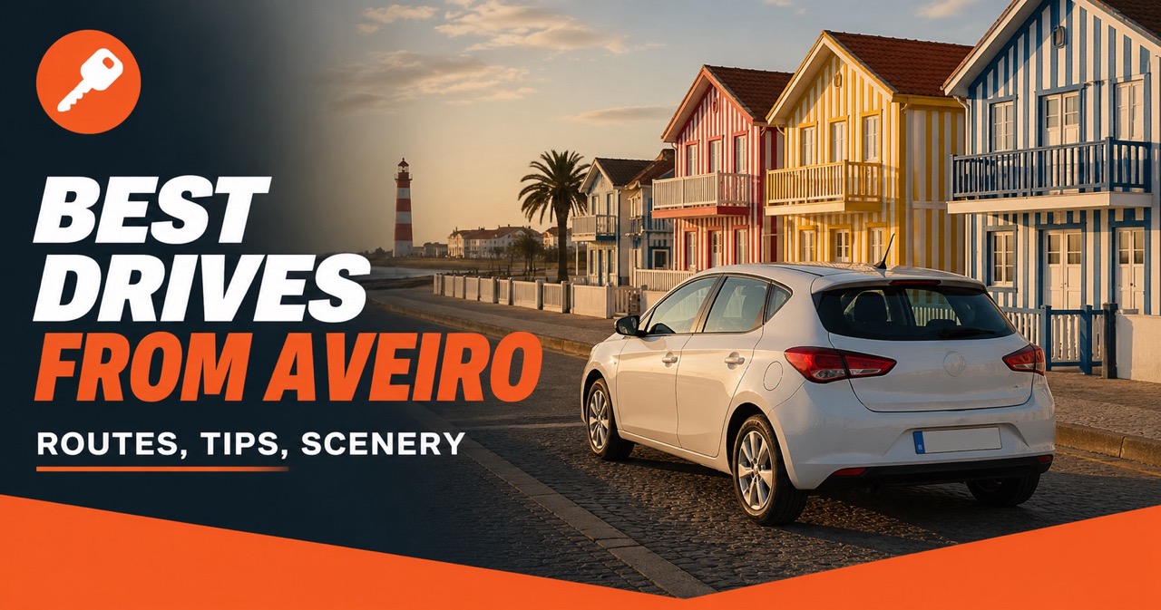 Best drives from Aveiro - Costa Nova striped beach houses and lighthouse, white rental car and orange car-key icon