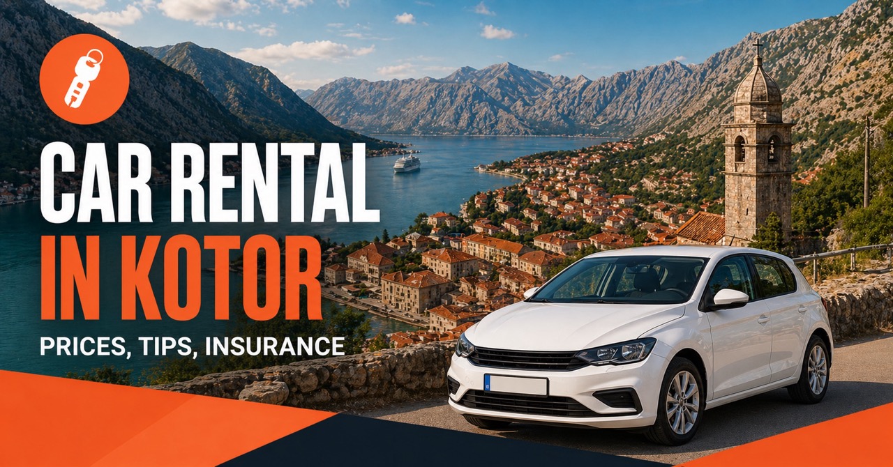 Car rental Kotor - Bay of Kotor fjord with red-tiled medieval old town and dramatic Lovcen mountains, white rental car and orange car-key icon