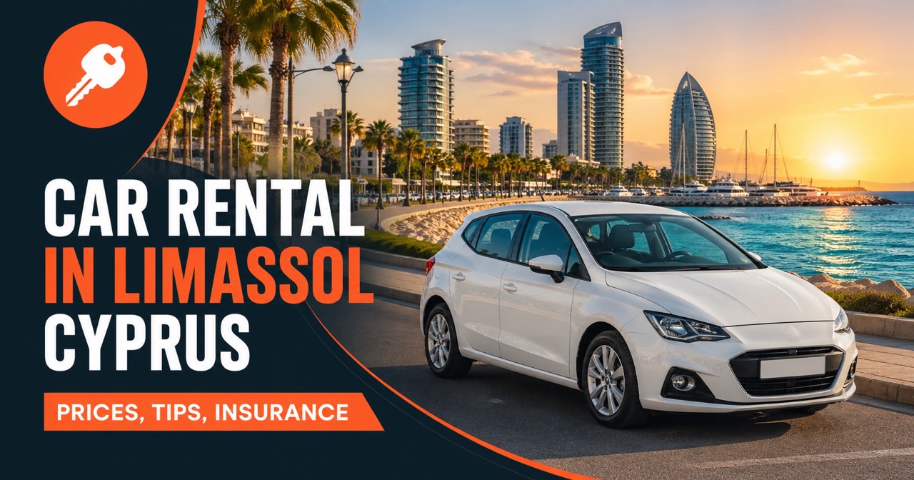 Car rental in Limassol Cyprus - turquoise Mediterranean Sea with palm trees and modern marina, white rental car and orange car-key icon