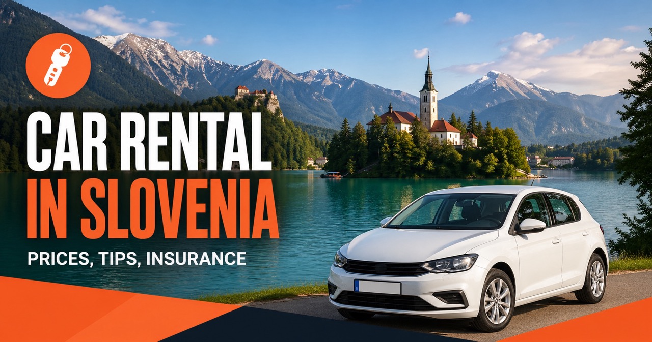 Car rental Slovenia - emerald Lake Bled with island church and Alpine mountains, white rental car and orange car-key icon