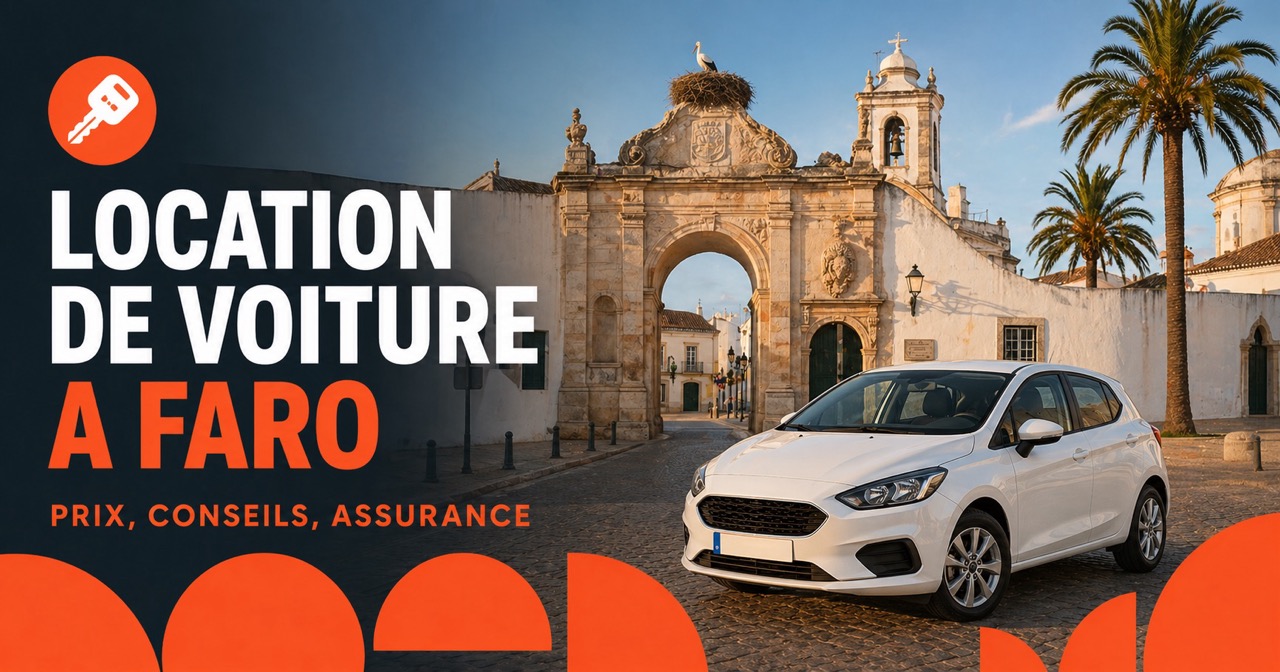 Location de voiture a Faro - Arco da Vila avec nid de cigogne et casco antiguo, voiture blanche de location et icone orange clef