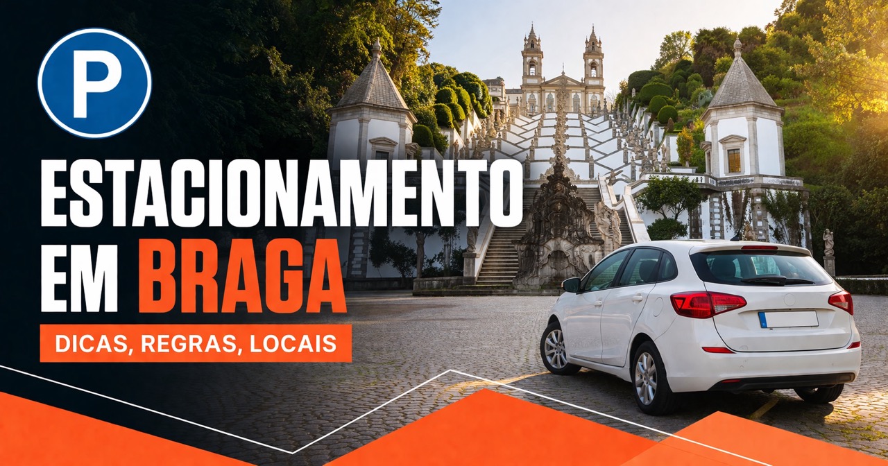 Estacionamento em Braga - santuário Bom Jesus do Monte com escadaria barroca e jardins, carro branco e ícone azul P