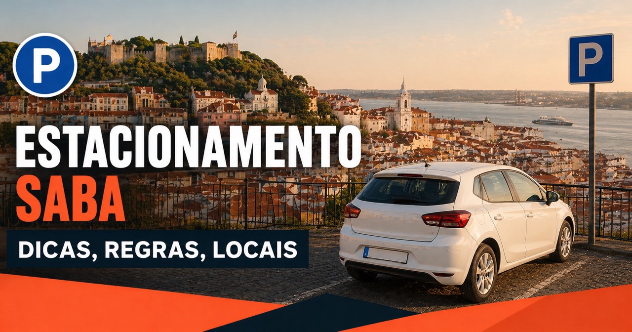 Estacionamento SABA Lisboa - vista panoramica de Alfama com telhados vermelhos e Tejo ao fundo, castelo de Sao Jorge silhueta, carro branco de aluguer e icone azul P
