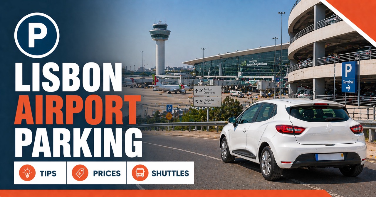 Lisbon Airport parking — modern terminal with airplanes and multi-storey car park