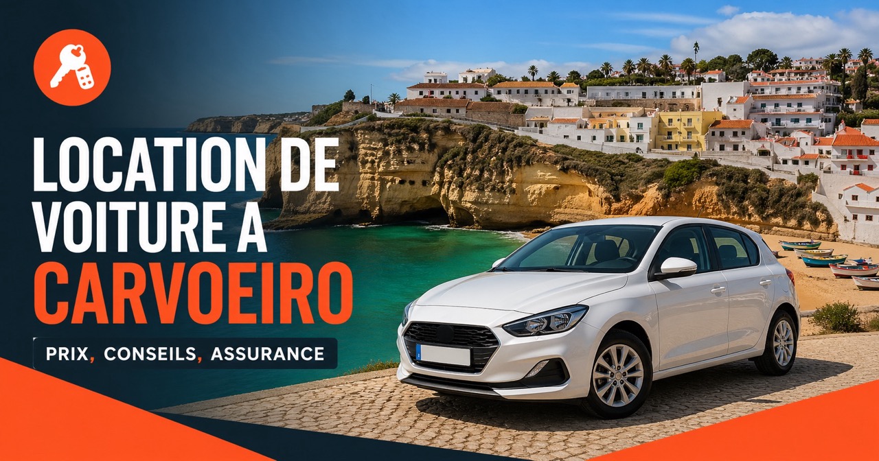 Location de voiture a Carvoeiro - falaises ocres dorees et maisons blanches portugaises descendant vers une petite plage de peche, eau turquoise, voiture blanche de location et icone orange clef