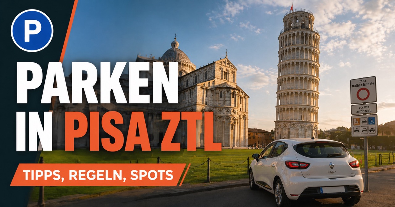 Parken in Pisa ZTL - Schiefer Turm mit Kathedrale und grüner Wiese, weisses Mietauto und blaues P-Schild