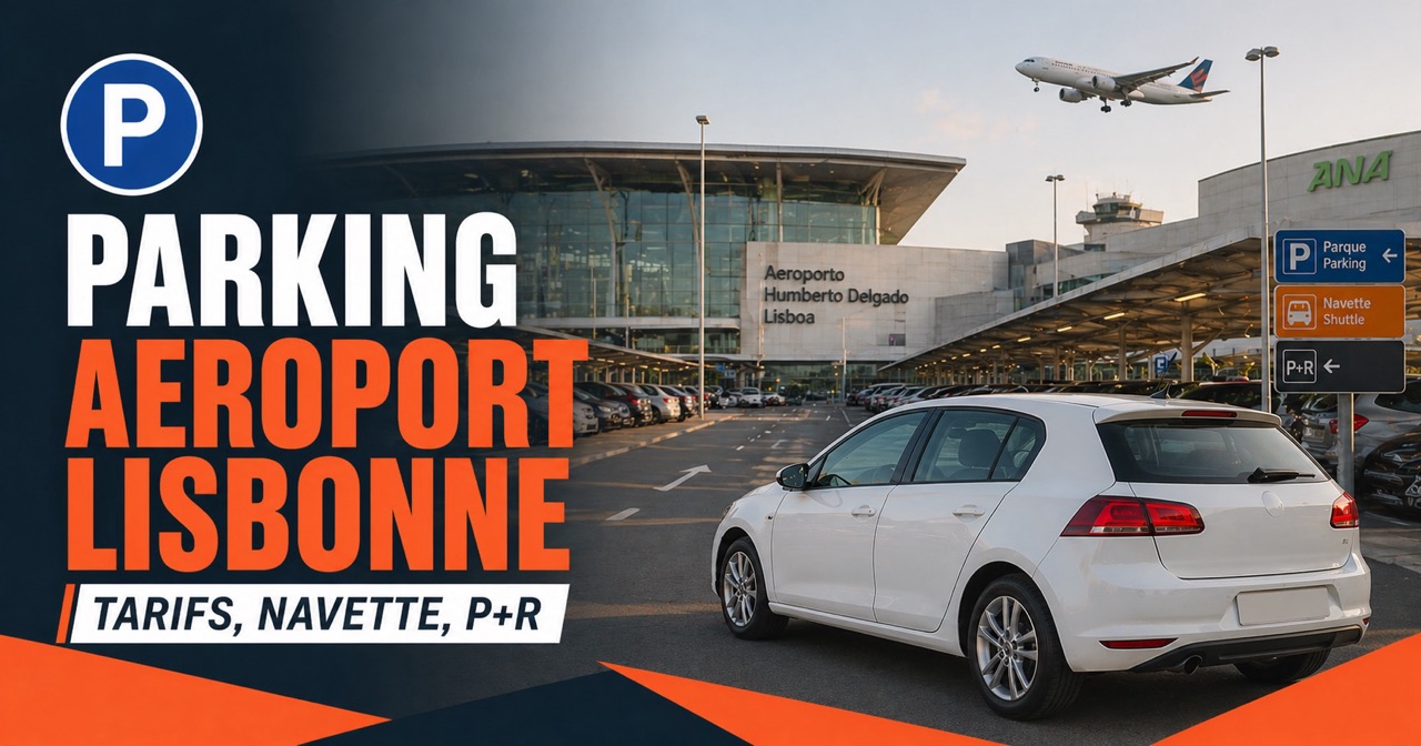 Parking aéroport Lisbonne - terminal moderne avec avions et parking couvert, voiture blanche et icône bleu P