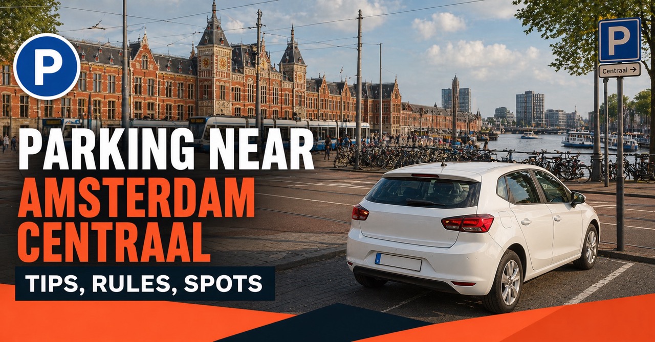 Parking near Amsterdam Centraal - red-brick station facade with tram lines and bicycles, IJ waterfront in the background, white rental car and blue P parking icon