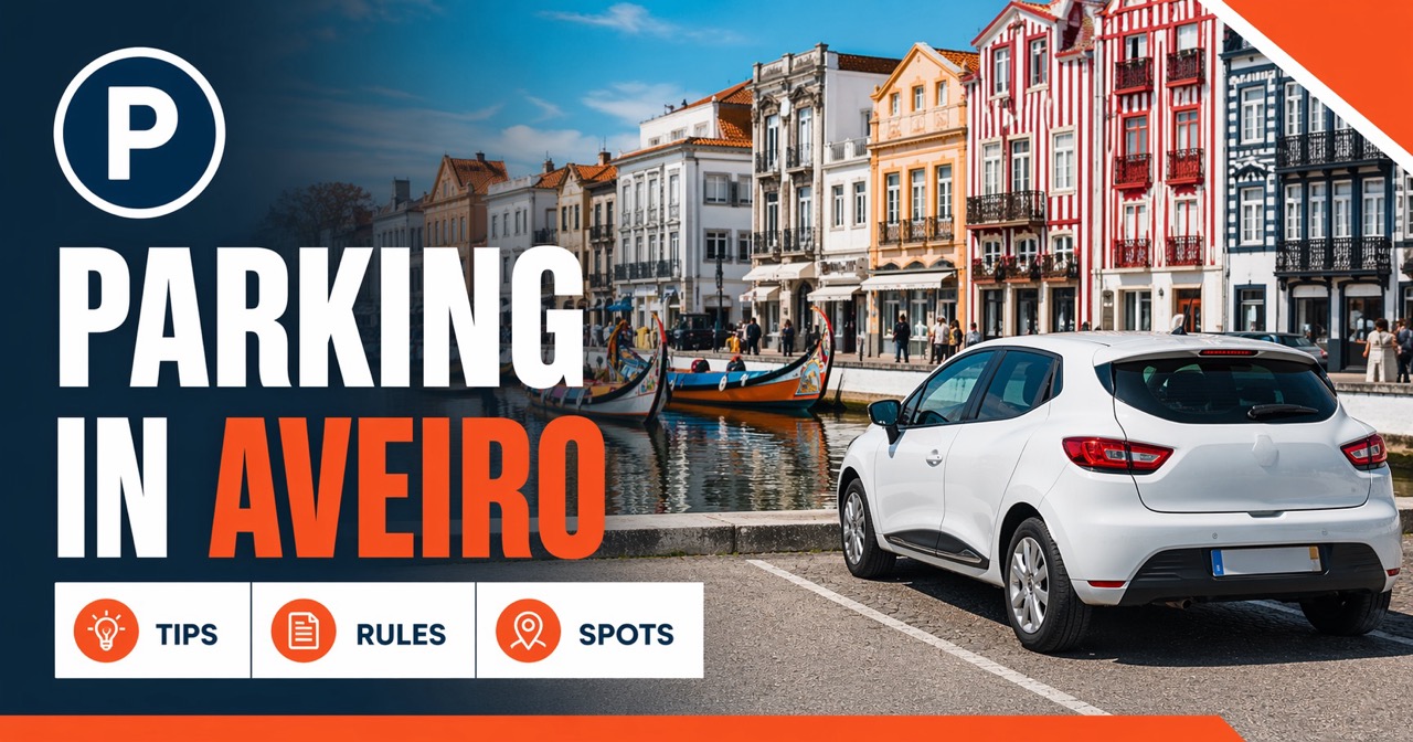 Parking in Aveiro — colourful moliceiro boats on the canal with white rental car and blue P parking sign