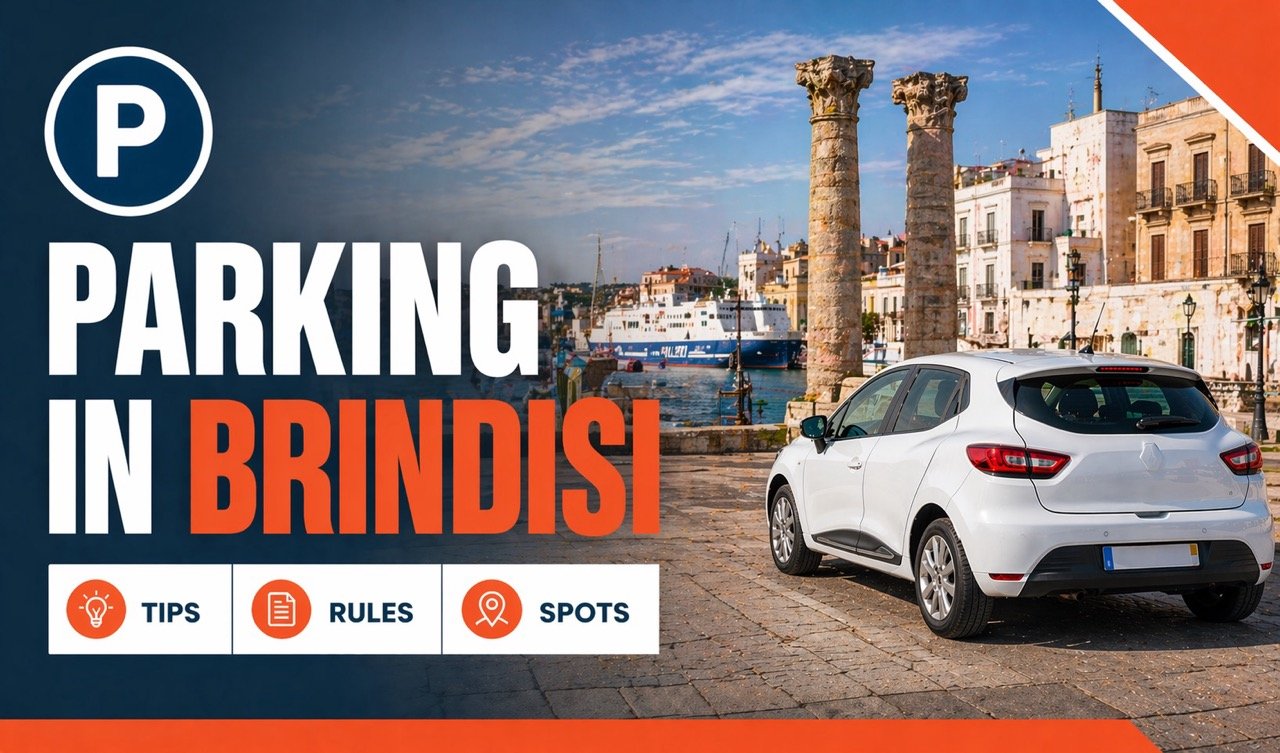 Parking in Brindisi — Roman columns and Adriatic harbour with white rental car