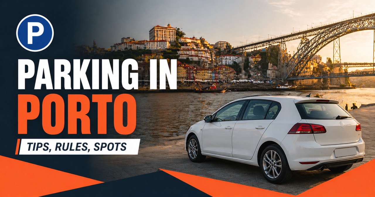 Parking in Porto - Ribeira UNESCO waterfront with Dom Luis I bridge, white rental car and blue P parking icon
