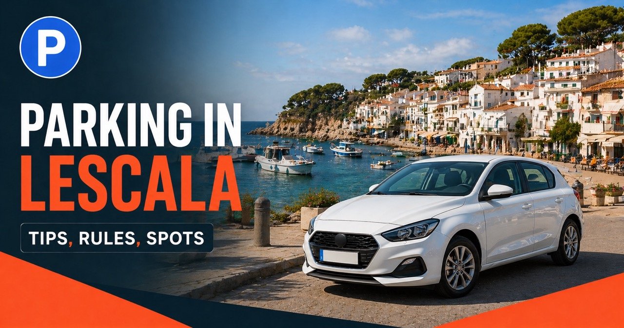 Parking in LEscala - small Catalan fishing harbour with white-painted boats and terracotta-roofed houses on a Mediterranean bay, white rental car and blue P parking icon