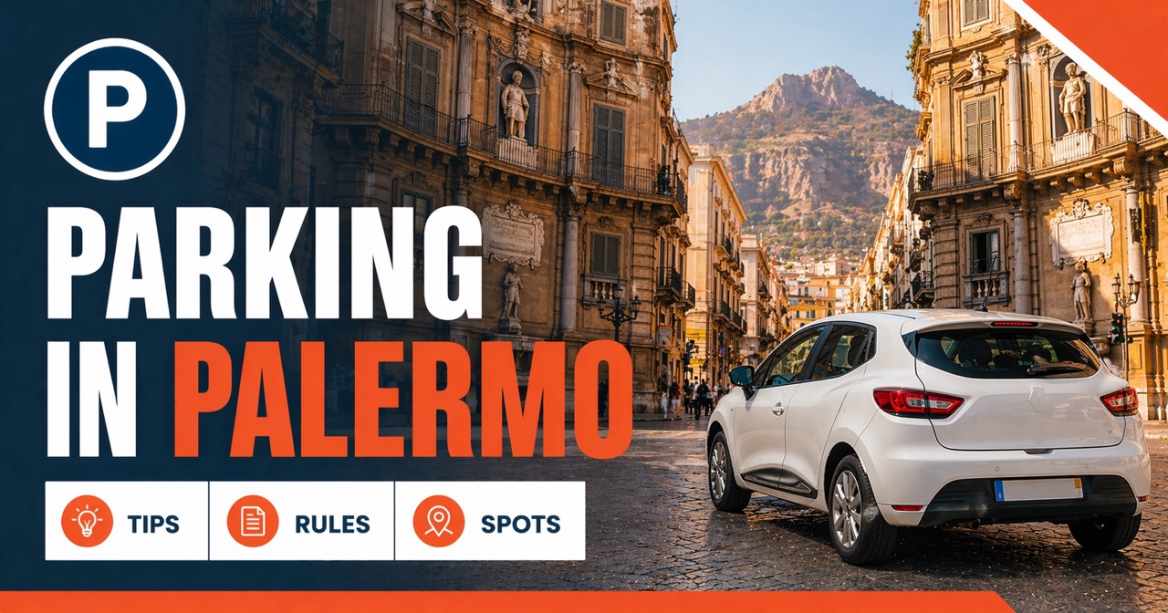 Parking in Palermo — Baroque Quattro Canti with Monte Pellegrino and a white rental car