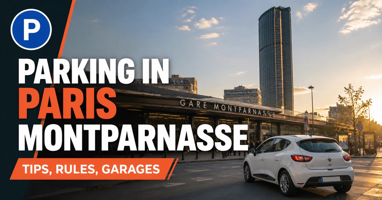 Parking near Paris Gare Montparnasse - Tour Montparnasse silhouette and station entrance, white rental car and blue P icon