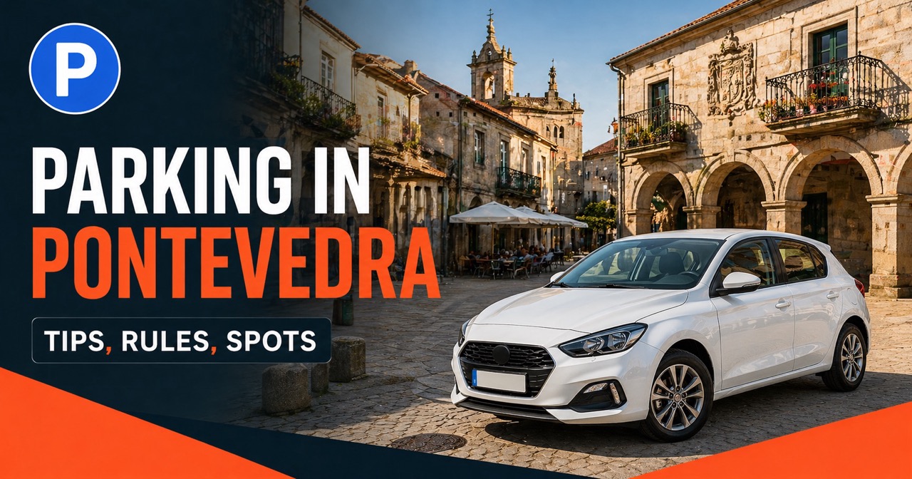 Parking in Pontevedra - picturesque pedestrianised Plaza de la Lena medieval square in the historic centre, golden Galician stone arches, white rental car and blue P parking icon