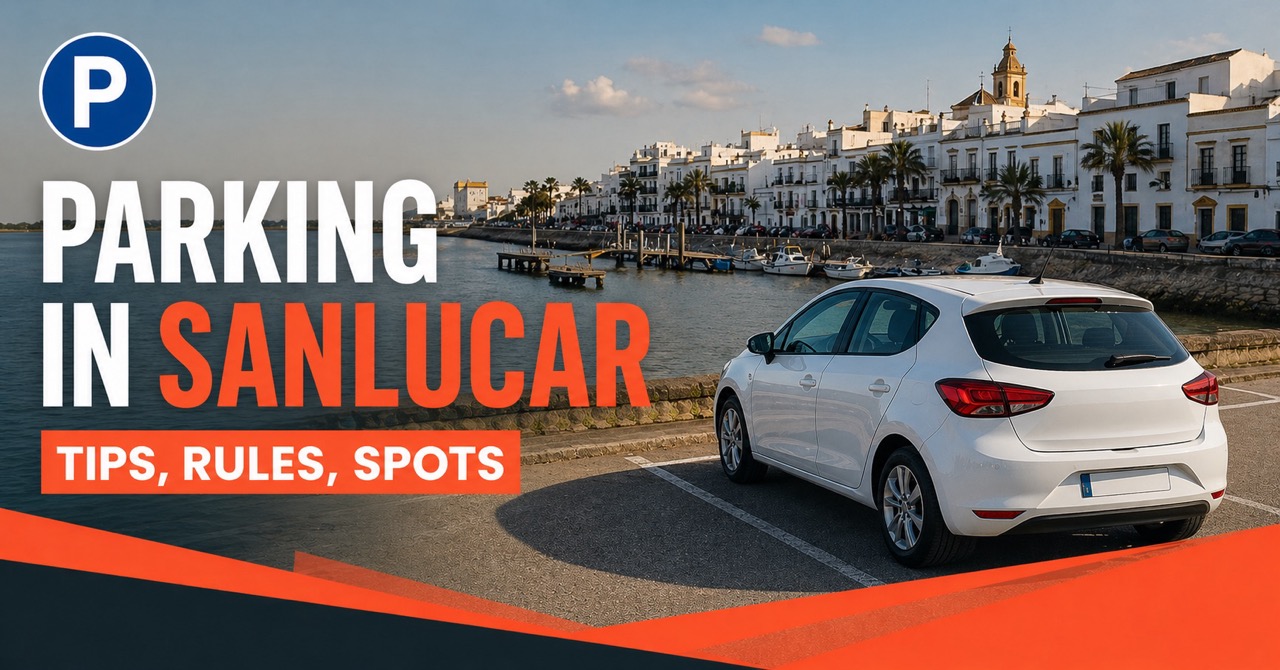 Parking in Sanlucar - whitewashed Andalusian houses along the Guadalquivir estuary with fishing boats, white rental car and blue P parking icon