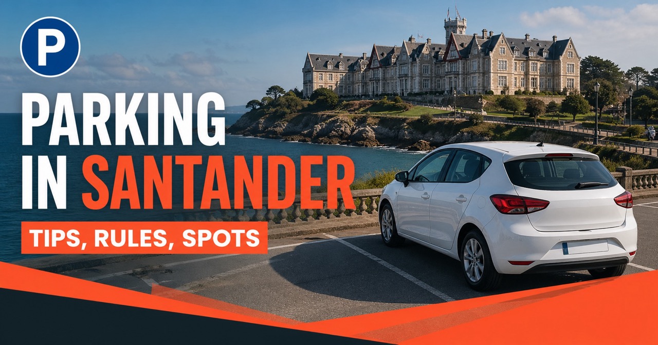 Parking in Santander - Palacio de la Magdalena on its peninsula with sweeping Cantabrian Sea views, white rental car and blue P parking icon