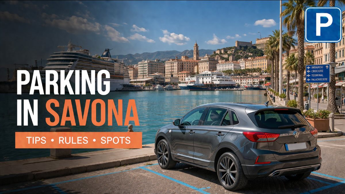 Parking in Savona – city view with rental car