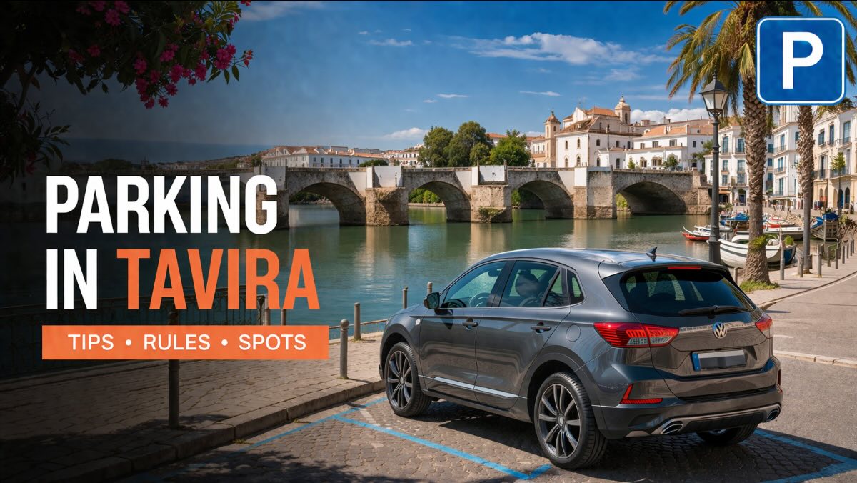 Parking in Tavira – city view with rental car