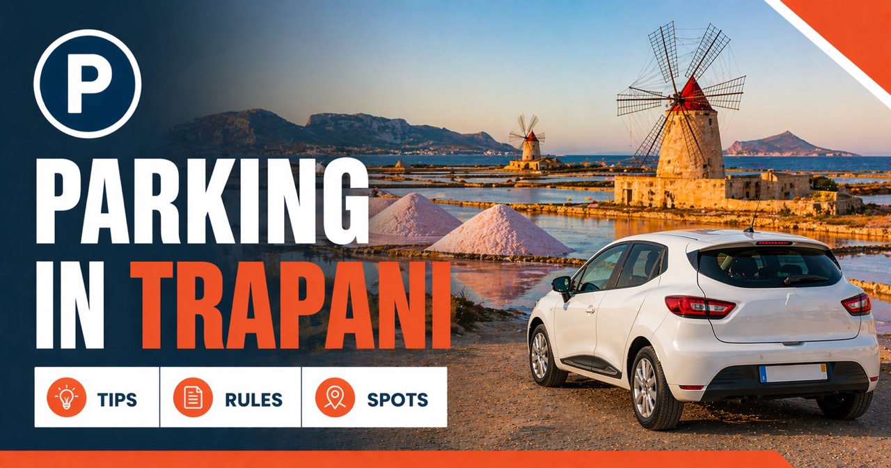 Parking in Trapani — salt pans with pink salt and windmills, white rental car and blue P sign