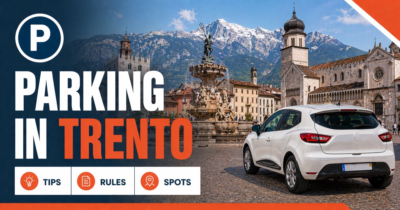 Parking in Trento — Piazza Duomo fountain with Alpine mountains backdrop