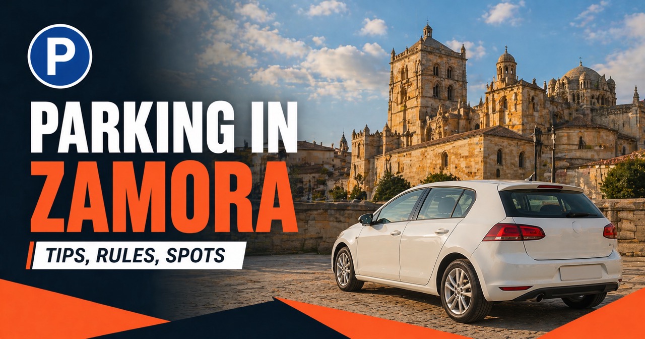 Parking in Zamora - Romanesque cathedral with golden Castilian stone walls, white rental car and blue P icon