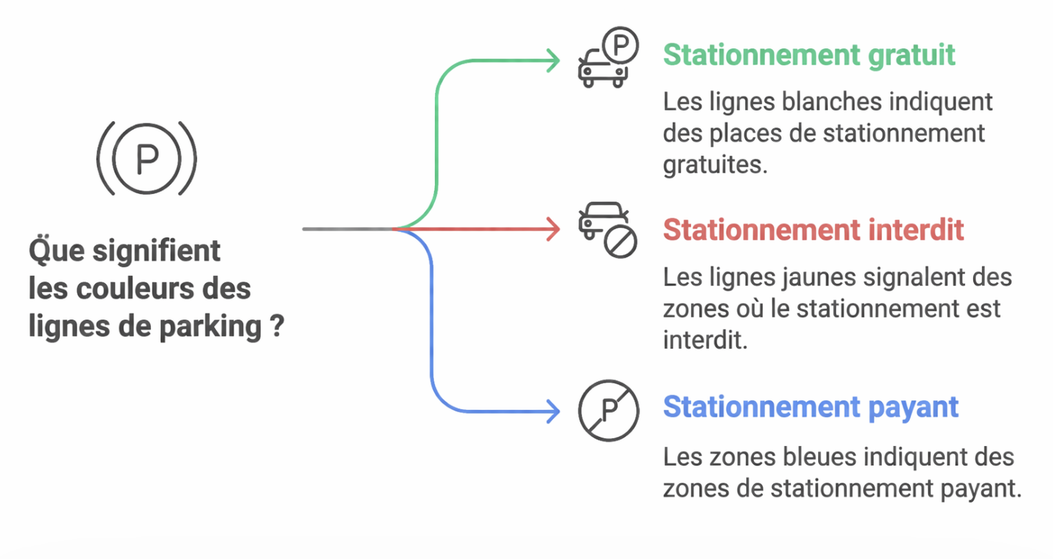 Couleurs des lignes de stationnement &ndash; guide visuel des marquages au sol