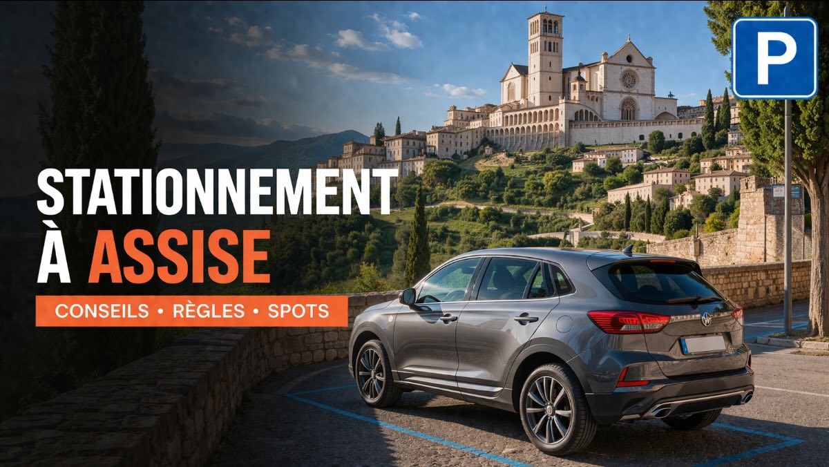 Stationnement à Assise – vue de la ville avec voiture de location