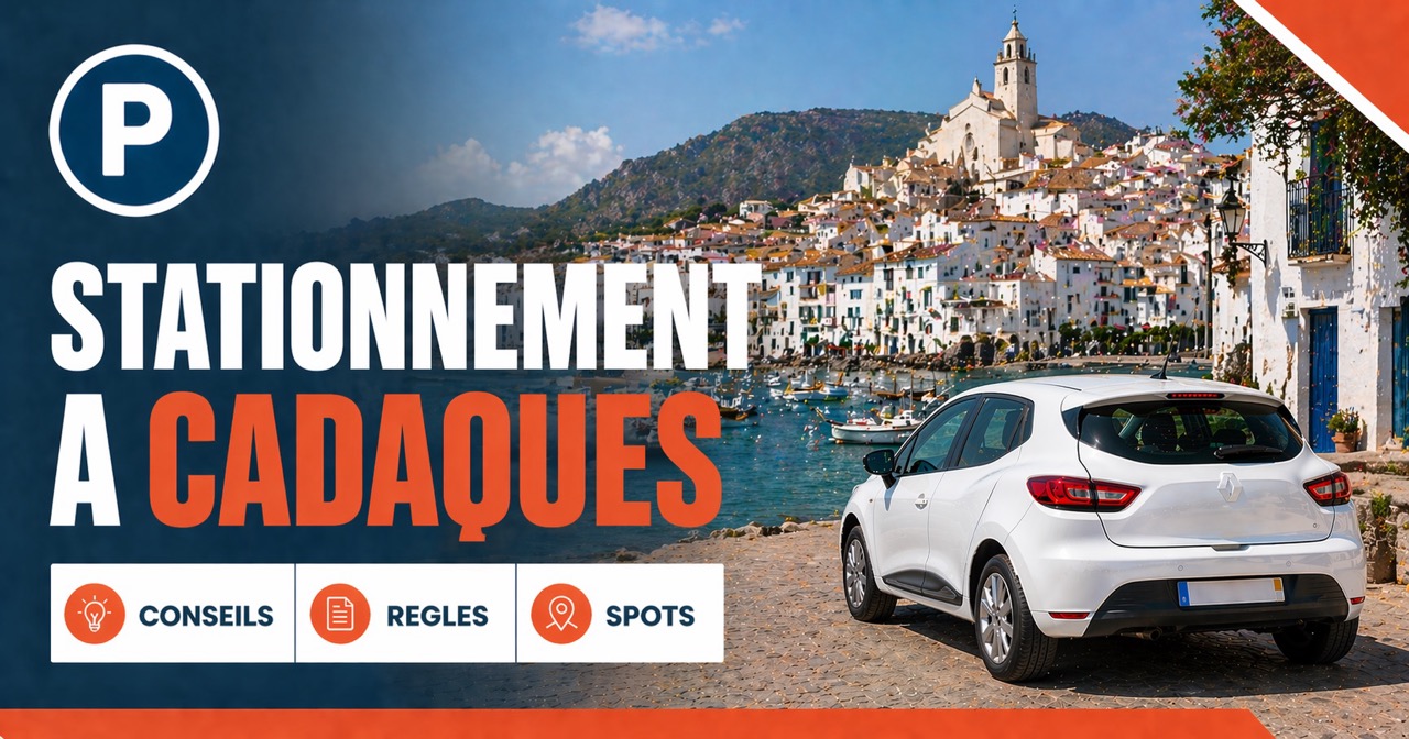 Stationnement à Cadaqués — village méditerranéen blanchi à la chaux sur colline, baie cérulée