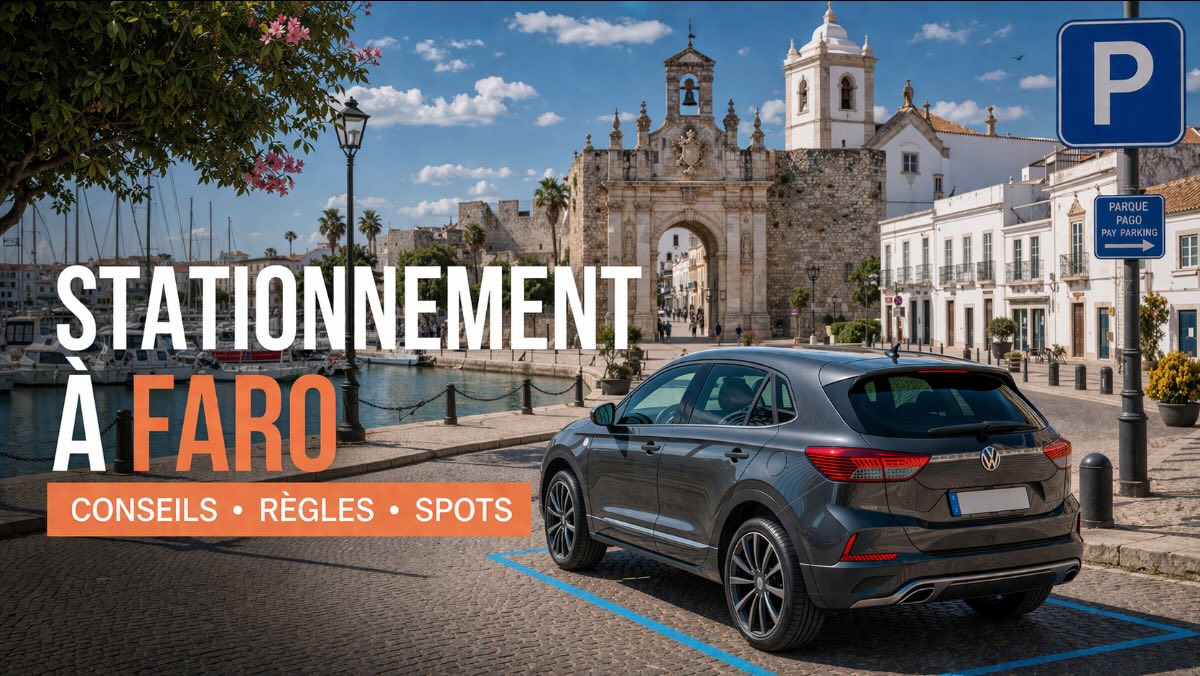 Stationnement à Faro – vue de la vieille ville avec voiture de location