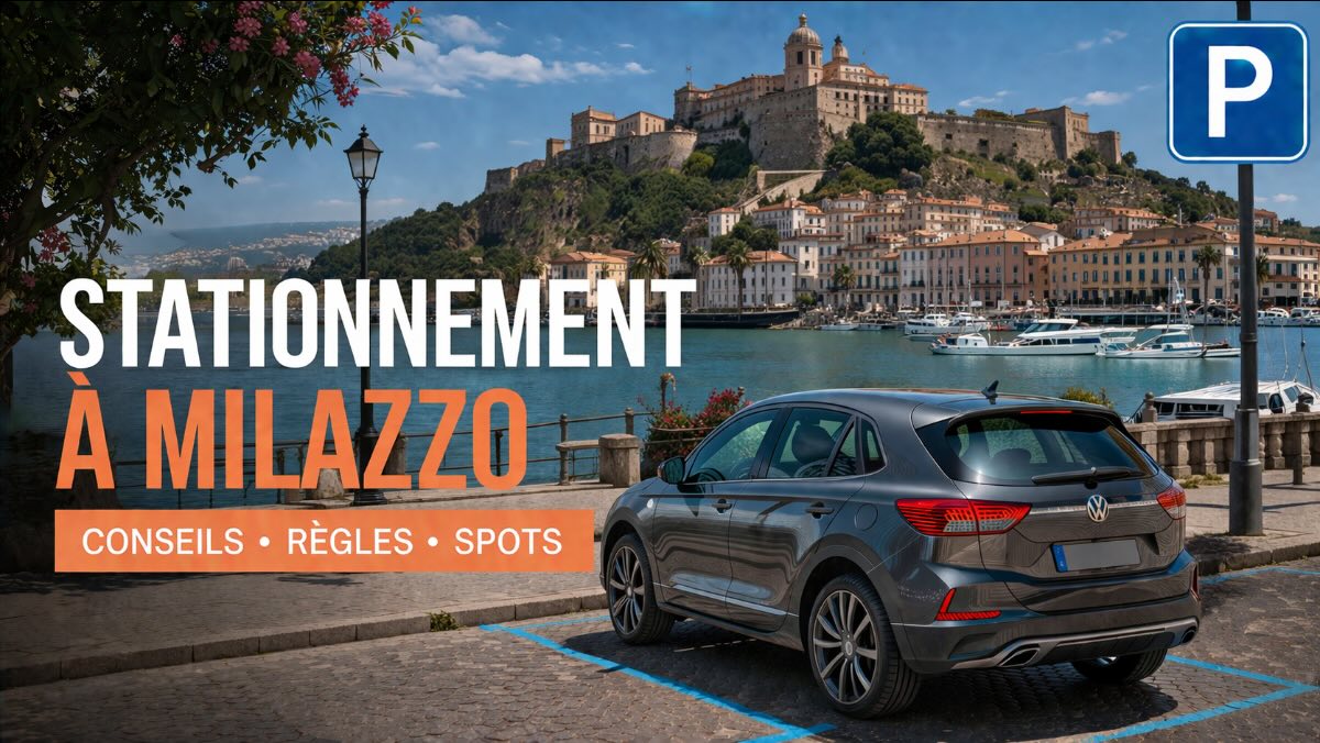 Stationnement à Milazzo – vue de la ville avec voiture de location