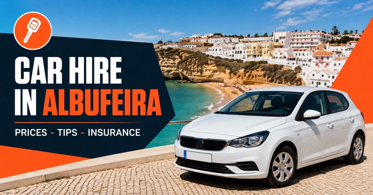 Car hire in Albufeira — Albufeira old town and beach with a white rental car and orange car-key icon