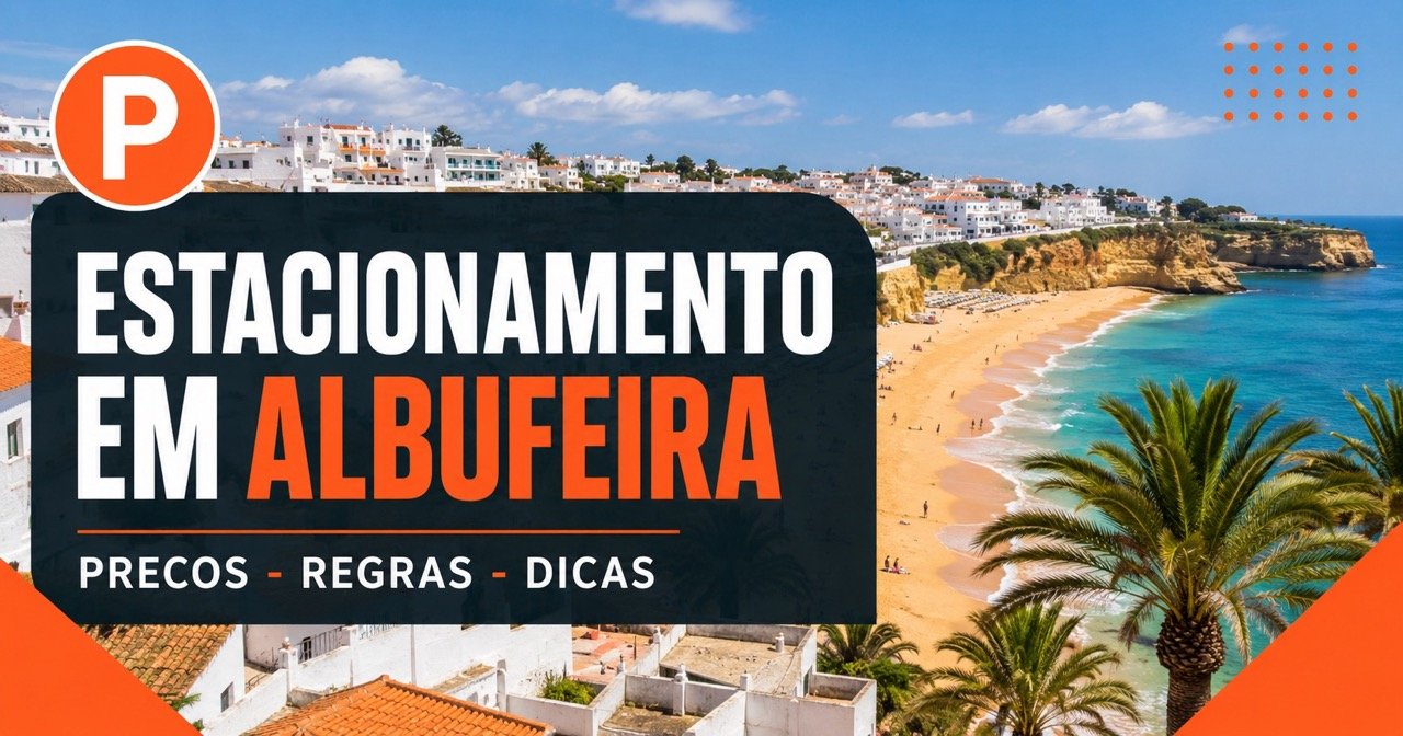 Estacionamento em Albufeira — vila branca do Algarve com sinal P azul de estacionamento