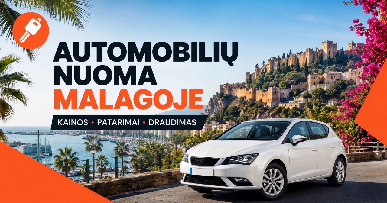 Automobilių nuoma Malagoje: Gibralfaro pilis virš uosto su palmėmis ir baltu nuomotu automobiliu