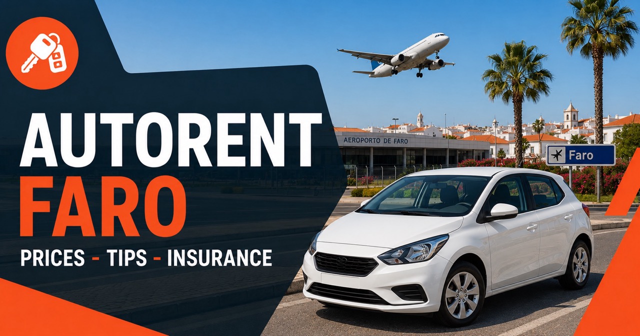 Autorent in Faro — airport area with airplane and white rental car