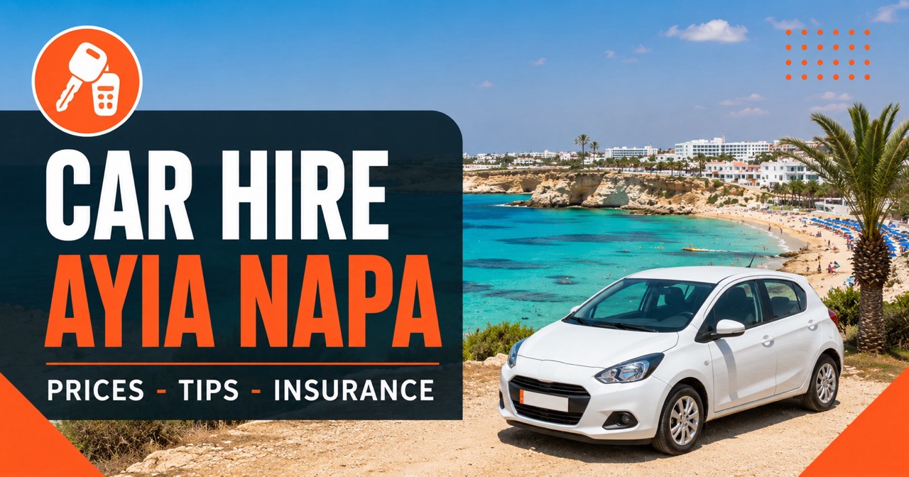 Car hire in Ayia Napa Cyprus — turquoise Mediterranean sea with white rental car