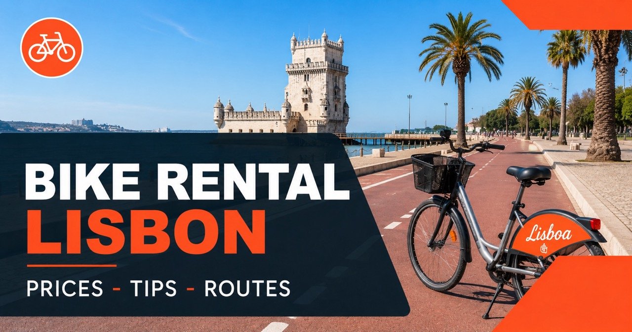 Bike rental in Lisbon — Belem Tower view and bike lane along Tagus river